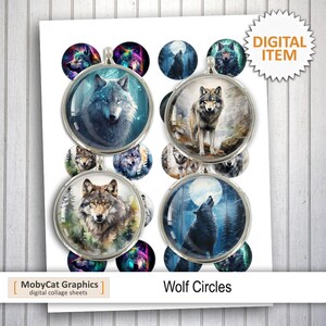 May include: A digital collage sheet with 12 printable circles featuring wolf images. The circles are silver with a clear glass-like overlay. The wolves are depicted in various poses, including howling at the moon, standing in a forest, and looking directly at the viewer. The text "Wolf Circles" is printed at the bottom of the sheet.
