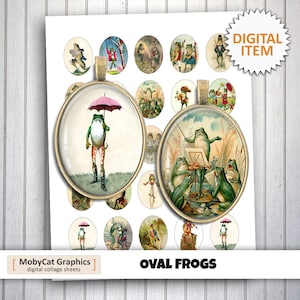 May include: A digital collage sheet with 16 oval images of frogs. The images feature frogs with umbrellas, playing music, and other whimsical scenes. The sheet is labeled "Oval Frogs" and "MobyCat Graphics, digital collage sheets".
