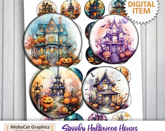 Spooky Halloween Houses 20mm 25mm 1inch  30mm 1.5 inch Printable Circles Digital Collage Sheet