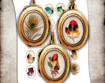 Vintage veren - digitaal collageblad ovale afbeeldingen 30 x 40 mm, 22 x 30 mm, 13 x 18 mm, 28 x 18 mm voor cabochons afdrukbare ovalen direct downloaden
