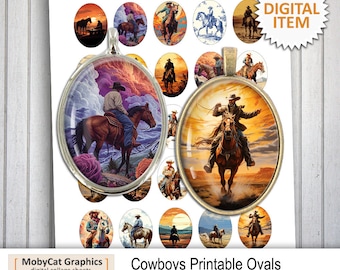 May include: Printable oval stickers featuring cowboys riding horses in various poses against sunset and cloudy backgrounds. The stickers are perfect for adding a western touch to crafts, gifts, and home decor.