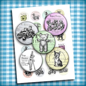 Old Fashioned Toys Digital Collage Sheet bottle cap images 1 inch 30mm 25mm 1.5 inch Printable round images Instant Download