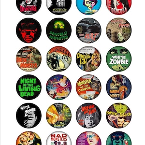 Puede incluir: Un conjunto de 20 botones redondos, coloridos, de estilo vintage con carteles de pel&iacute;culas de terror cl&aacute;sicas. Los botones presentan im&aacute;genes de Dr&aacute;cula, Frankenstein, la Momia, la Novia de Frankenstein y otros personajes cl&aacute;sicos de pel&iacute;culas de terror.