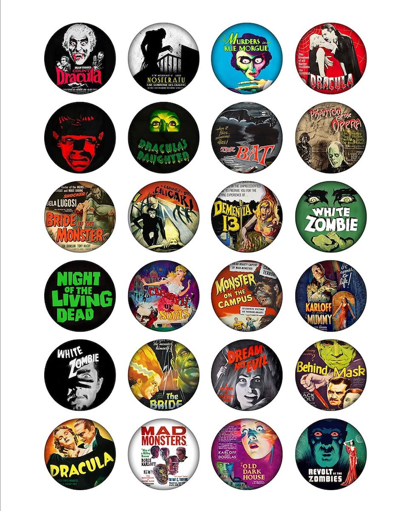 Puede incluir: Un conjunto de 20 botones redondos, coloridos, de estilo vintage con carteles de pel&iacute;culas de terror cl&aacute;sicas. Los botones presentan im&aacute;genes de Dr&aacute;cula, Frankenstein, la Momia, la Novia de Frankenstein y otros personajes cl&aacute;sicos de pel&iacute;culas de terror.