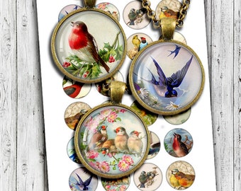 "Digitale Collage Sheet ""Vintage Vögel"" 10 mm und 12 mm druckbare Kreise für Ohrringe, Manschettenknöpfe, Postkarten."