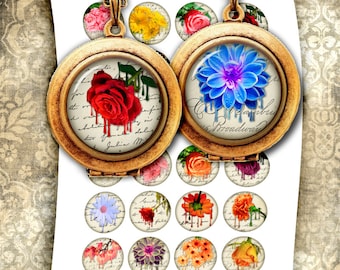 Melting Flowers Digital Collage Sheet – Printable Bottle Cap Images (Digital Download)