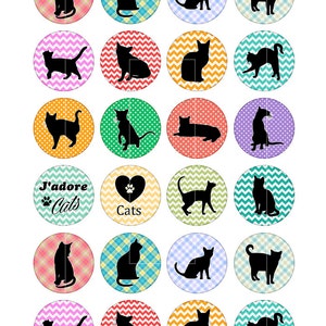 Cats Circles 1 1.5 18mm 16mm 25mm Cat Silhouettes Round Printable Images for Buttons, Bottle caps Pendants Digital Collage Sheet image 2
