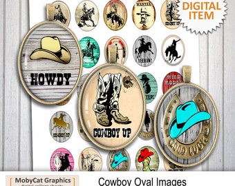 May include: A set of 16 digital images featuring cowboy-themed designs. The images are in a circular shape and feature various cowboy-related elements, such as boots, hats, horseshoes, and the words "Howdy" and "Cowboy Up".