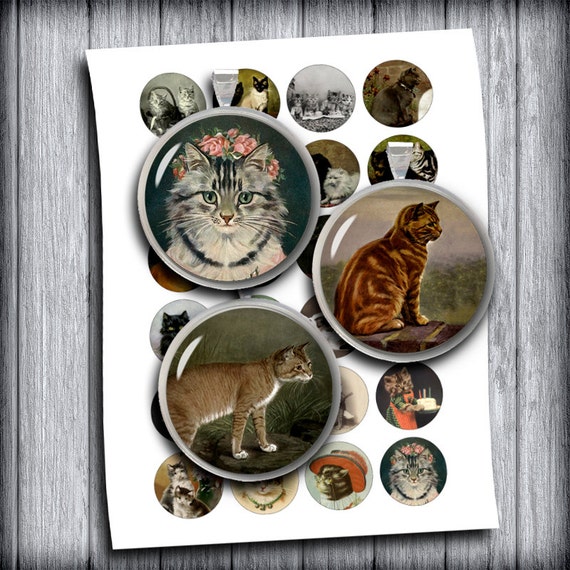 Vintage Cats - Digital Collage Sheet 20 mm 1 inch,1.5 inch Printable Circle images for Pendants, Bottle caps - Instant Download