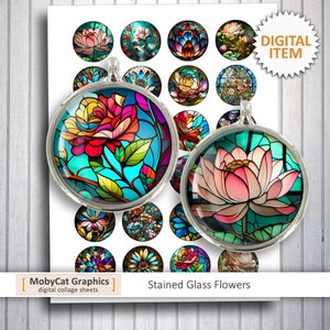 Stained Glass Flowers Printable Download  20 mm 25 mm 30mm 1 inch 1.5 inch for Bottlecaps, Pendants, Magnets Digital Collage Sheet