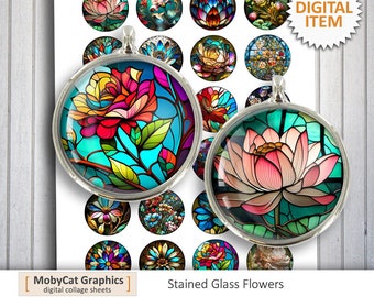 Stained Glass Flowers Printable Download  20 mm 25 mm 30mm 1 inch 1.5 inch for Bottlecaps, Pendants, Magnets Digital Collage Sheet