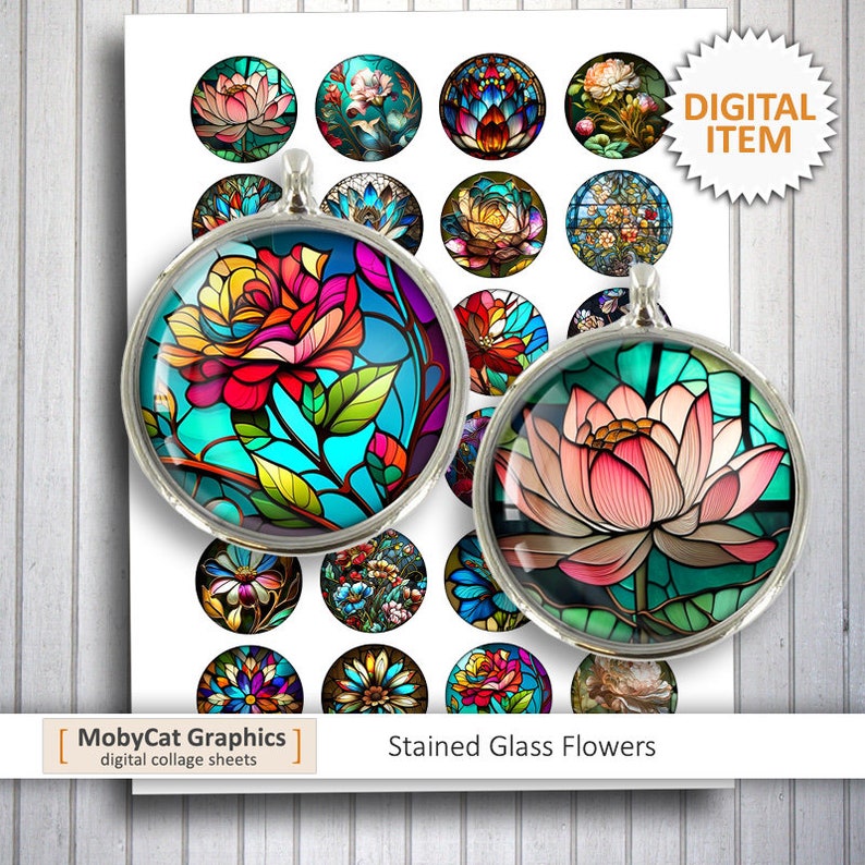 Stained Glass Flowers Printable Download  20 mm 25 mm 30mm 1 inch 1.5 inch for Bottlecaps, Pendants, Magnets Digital Collage Sheet