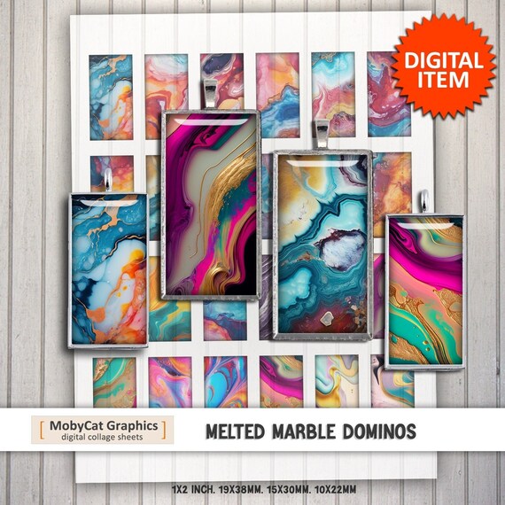Melted Marble Dominos 1"x2", 19x38mm, 15x30mm, 10x22mm Printable Rectangle images for Pendants Jewelry Crafting Digital collage sheets