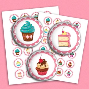 Cute Cupcakes Round Images 1.313 inch, 1.5 inch, 1 inch for Bottle caps, Buttons Pendant images Digital Collage Sheet