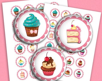 Cute Cupcakes Round Images 1.313 inch, 1.5 inch, 1 inch for Bottle caps, Buttons Pendant images Digital Collage Sheet