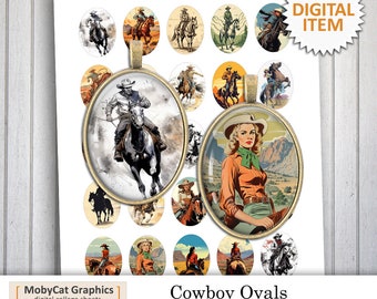 May include: A digital collage sheet with 16 oval images of cowboys and cowgirls riding horses. The images are in a vintage style and have a rustic feel. The sheet is labeled "Cowboy Ovals" and is a digital download.