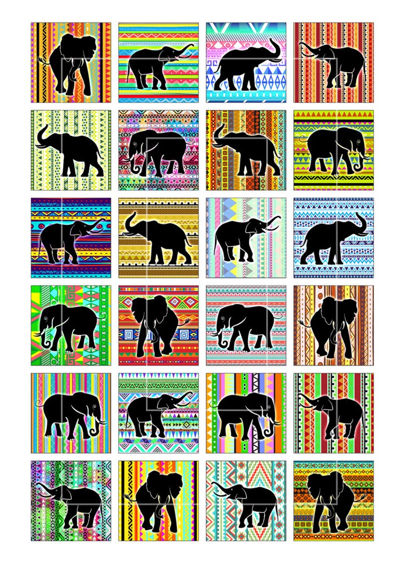May include: A set of 24 digital paper squares featuring black silhouette elephants on colorful geometric patterned backgrounds. The patterns are inspired by African tribal art.