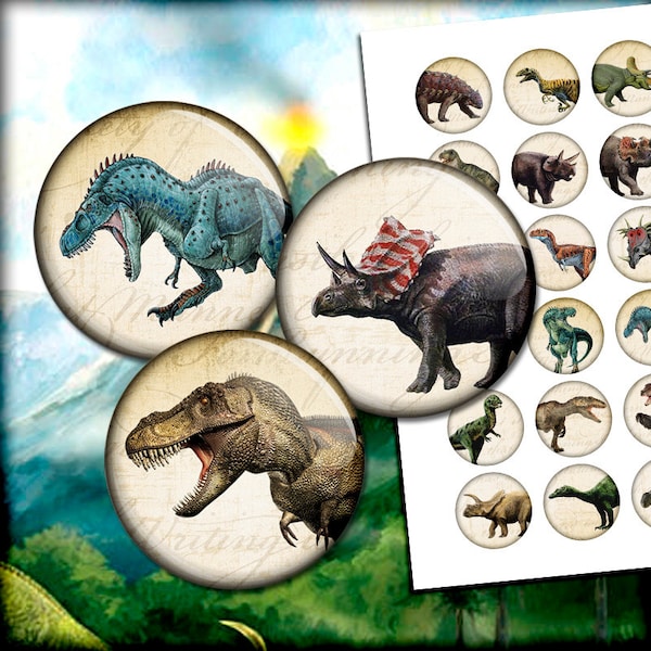 Dinosaurs Circle Images 1 inch, 25mm, 30mm 1.313" 1.5"Printable Images for Bottlecaps, Glass Pendants Digital Collage Sheet Instant Download