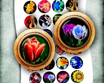 Fraktale Blumen 1.5" 30mm 1" 25mm druckbare Runde Bilder für Anhänger Flasche Kappen Digital Collage sheet Instant Download