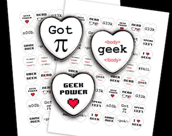 Geeky Wortlaut - Digital Collage Sheet 1 Zoll Heart Shaped - druckbare Bilder - Instant Download