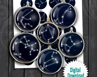 Horoscope Sign Constellations 12mm 14mm 16mm 18mm for Jewelry Making Printable Images Digital Collage Sheets Instant Download