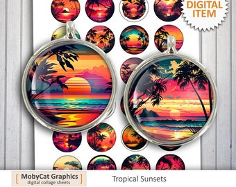 May include: A digital collage sheet with 16 round images of tropical sunsets with palm trees. The images are in a variety of colors, including red, orange, yellow, and blue. The text "Tropical Sunsets" is at the bottom of the sheet.