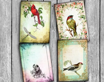 Birds ATC Cards, Printable Collage Sheet, Gift Tags (Digital Download)