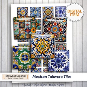 May include: A digital collage sheet of 12 colorful Mexican Talavera tiles in various designs. The tiles are blue, yellow, green, and red with floral patterns. The sheet includes tiles in five sizes: 1.5 inches, 1 inch, 30 mm, 18 mm, and 15 mm.