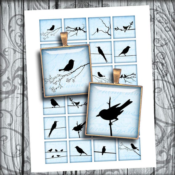 Blue Bird Silhouettes Square Printable Images 1x1 inch 1.5x1.5 inch for Jewelry Making Digital Collage Sheet -  Instant Download