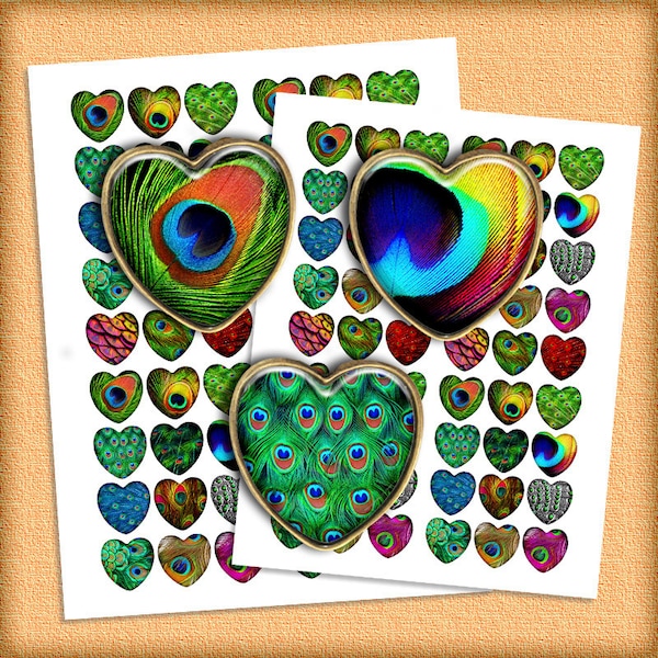 Peacock Feathers - Heart Shaped images Digital Collage Sheet 1 inch images, Printable images - Instant Download