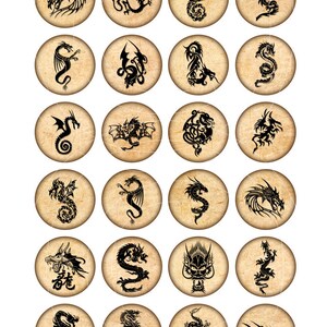 May include: Twenty-four round, vintage-style stickers featuring black and white dragon illustrations. Each sticker has a different dragon design.