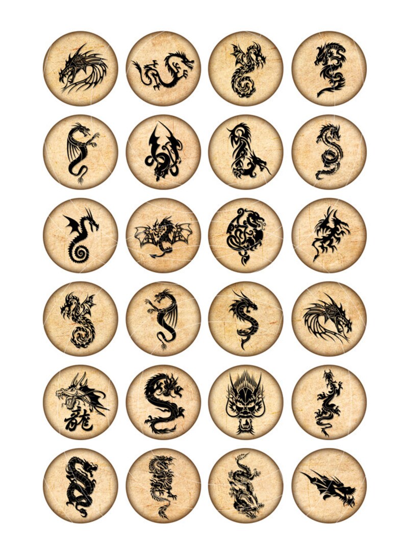 May include: Twenty-four round, vintage-style stickers featuring black and white dragon illustrations. Each sticker has a different dragon design.