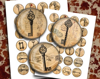 Steampunk Old Keys Digital Collage Sheet  1.5 inch, 1 inch, 25mm, 20mm Circle images for Bottle caps, Pendants Printable images