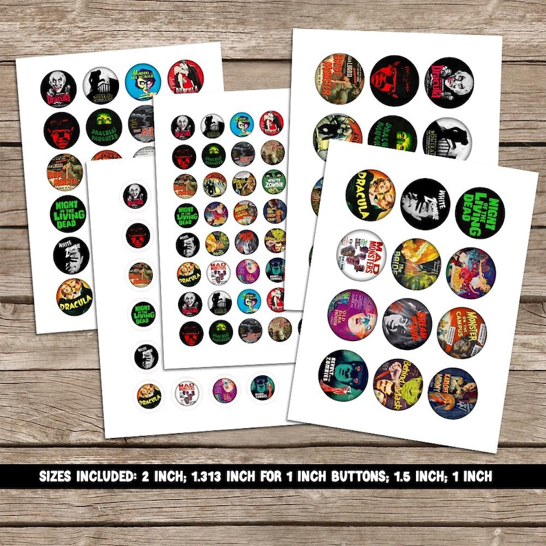Puede incluir: Un conjunto de botones redondos imprimibles con carteles de pel&iacute;culas de terror cl&aacute;sicas. Los botones est&aacute;n disponibles en cuatro tama&ntilde;os: 5 cm, 3,33 cm, 3,8 cm y 2,5 cm. Los carteles presentan t&iacute;tulos de pel&iacute;culas de terror ic&oacute;nicos como "Dr&aacute;cula", "La noche de los muertos vivientes" y "Mad Monster Party".