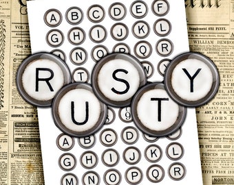 Rusty Typewriter Keys 1 inch images, 25mm, 20mm for Glass Pendants, Bottlecaps Digital Collage Sheet Instant Download