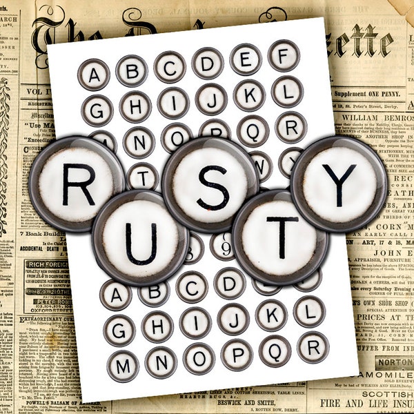 Rusty Typewriter Keys 1 inch images, 25mm, 20mm for Glass Pendants, Bottlecaps Digital Collage Sheet Instant Download