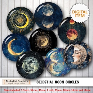 Celestial Moon Digital Collage Sheet 12mm 14mm 20mm 25mm 30mm 35mm 1" 1.5" Printable Instant Download