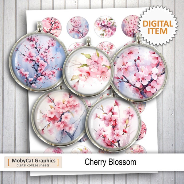 Cherry Blossom Printable Download 20mm 25mm 1 inch 30mm 1.5 inch Sakura Tree Cabochon Pendants, Magnets Digital Collage Sheets
