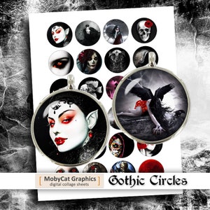 May include: A set of 16 gothic themed digital collage sheets featuring images of skulls, angels, and women with dark makeup. The collage sheets are designed for use in crafting projects such as scrapbooking, card making, and jewellery making. The text "Gothic Circles" is printed on the sheet.