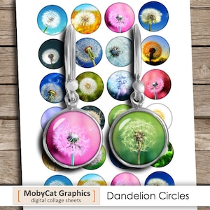 Dandelion Printable Circles 12mm 14mm 16mm 18mm for Jewelry making Digital Collage Sheet Instant Download