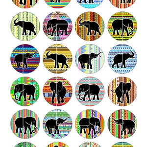 May include: Twenty-four round stickers with colorful geometric patterns and black silhouette elephants. Each sticker features a different pattern and elephant pose.