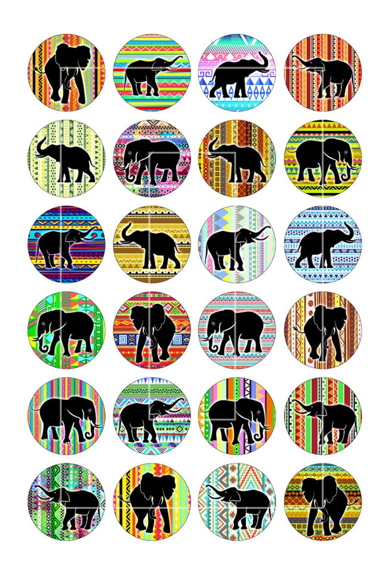 May include: Twenty-four round stickers with colorful geometric patterns and black silhouette elephants. Each sticker features a different pattern and elephant pose.