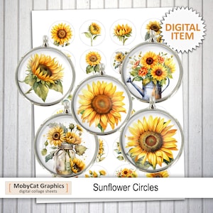 Sonnenblumen druckbare 20mm 25mm 30mm 1,5 Zoll für Cabochon Anhänger, Magnete Digital Collage Sheets