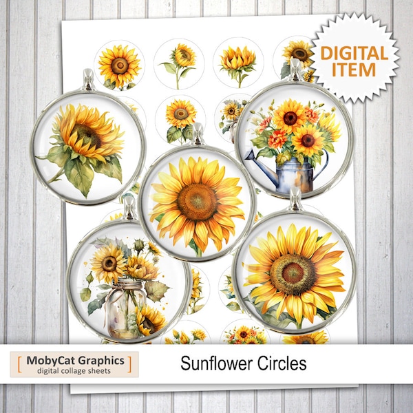 Sunflowers Printable Download 20mm 25mm 1 inch 30mm 1.5 inch for Cabochon Pendants, Magnets Digital Collage Sheets