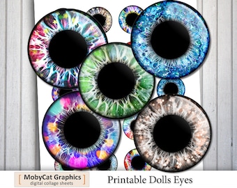 Printable Dolls Eyes from 10mm to 1.5 inch - 12 sizes Printable Round Images Iris Eyes Pupils Digital Collage Sheet