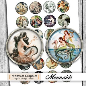 Mermaid Circle Images, Jewelry Making Collage Sheet (Digital Download)