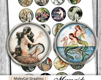 Mermaid Circles 12mm 20mm 30mm 1 inch 1.5" Printable images for Cabochons Pendants Bottlecaps Digital Collage Sheet - Instant Download