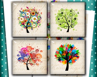 Colorful Trees 1x1 inch, 1.5x1.5 inch Square Digital Images for Jewelry Making, Scrapbooking Printable Digital Collage Sheet