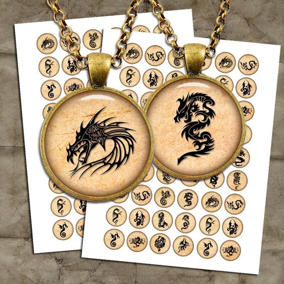 Dragon Silhouettes Digital Collage Sheet, Bottle Cap Images (Digital Download)