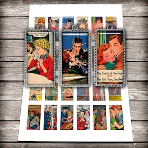 Serietidning Romantik - Domino Bilder 1 x 2 tum, 0,75x1,5 tum Digitalt Collageark - Utskrivbar Nedladdning